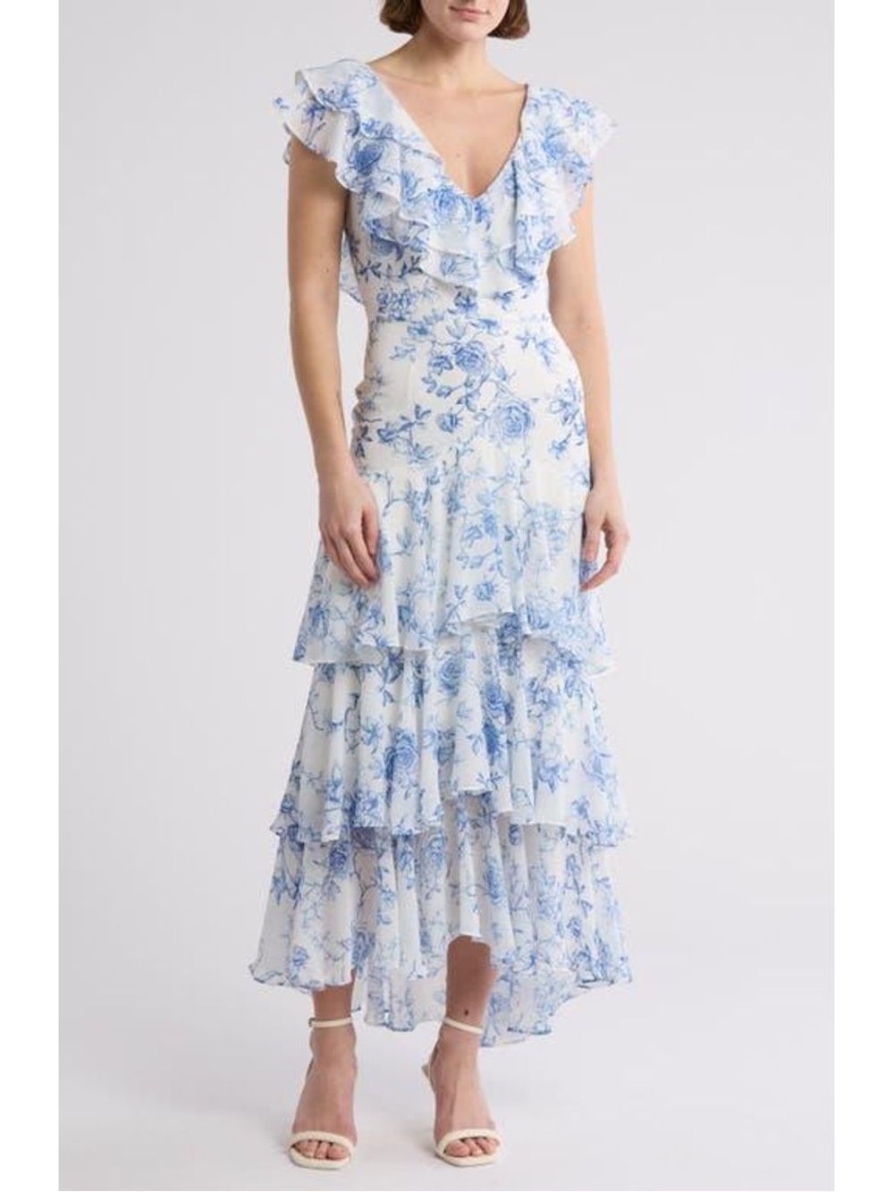 Wayf White and Blue Floral Ruffle High-Low Dress
